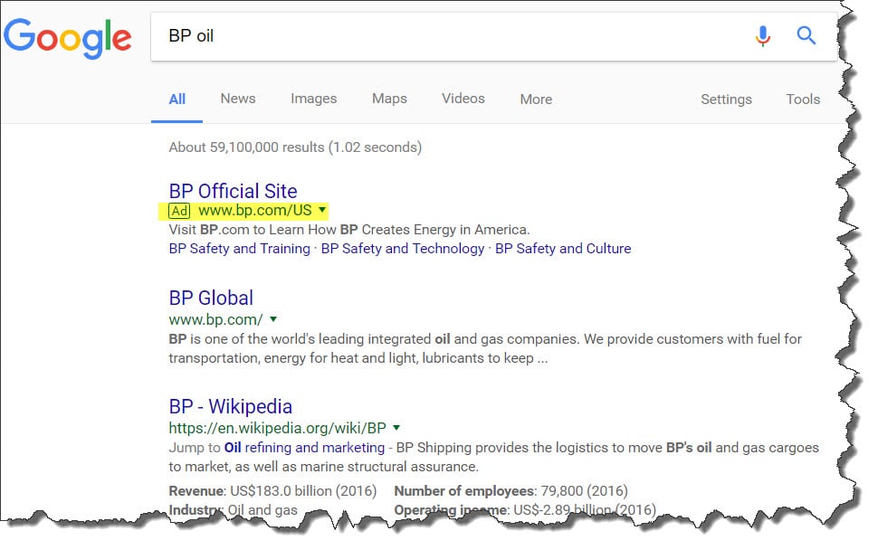 BP oil searching ads