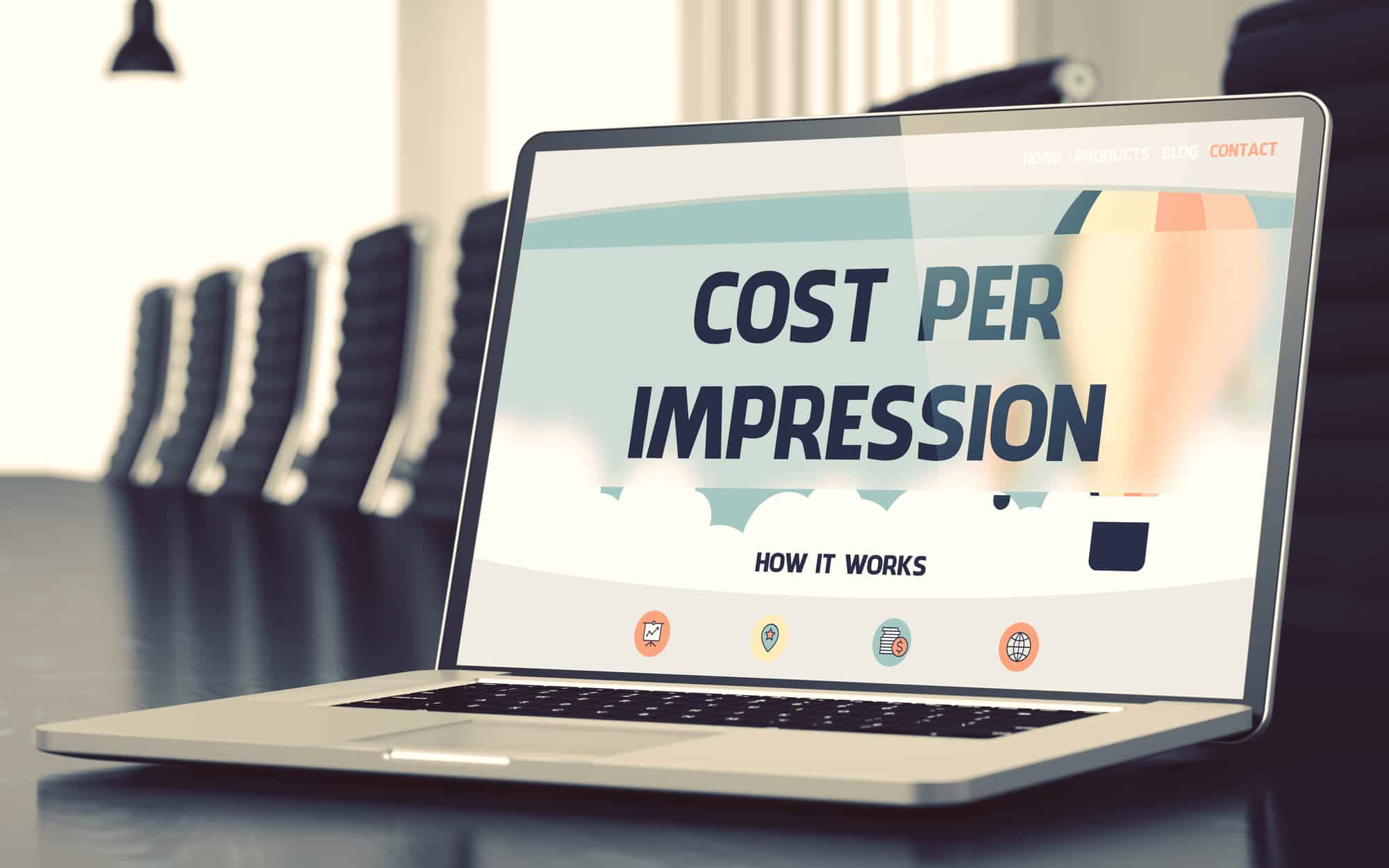 Cost Per Impression on Laptop in Conference Hall. 3D.